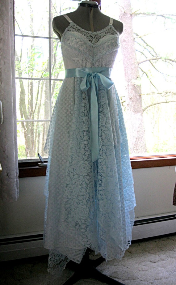 Floor length light blue robin egg blue romantic lace tattered