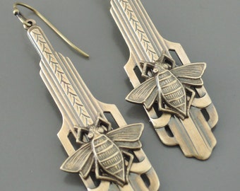 Art Deco Earrings - Honey Bee Earrings- Vintage Earrings - Bee Earrings - Bee Jewelry - Brass Earrings - handmade jewelry