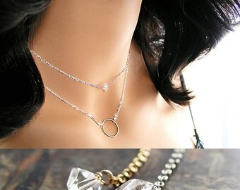 Dainty Herkimer Diamond Necklace, Genuine Quartz Crystal Necklace, Sterling Silver or 14K Gold Fill, Layering Necklace, Minimalist Jewelry