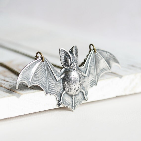 Large Bat Necklace Antiqued Silver Bat Pendant on Brass