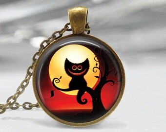 Halloween Necklace Halloween Jewelry GlassTile Necklace Black Necklace Glass Tile Jewelry Holiday Jewelry Black Jewelry Brass Jewelry