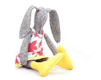 Bunny plushie - ragdoll rabbit - easter bunny - Girl Toys - Stuffed bunny doll - gray knitted silk rabbit doll - pink mint yellow - eco doll