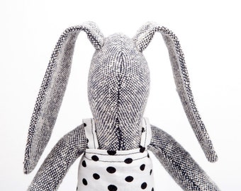 Stuffed bunny doll - Modern Easter basket toy - gray knitted silk ragdoll rabbit doll - soft cuddling doll - Black white - timohandmade doll