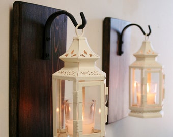 Antique White Shabby Lantern Pair (2), Farmhouse decor, kitchen decor, shabby chic decor, lantern candle, wrought iron hook, stained pine