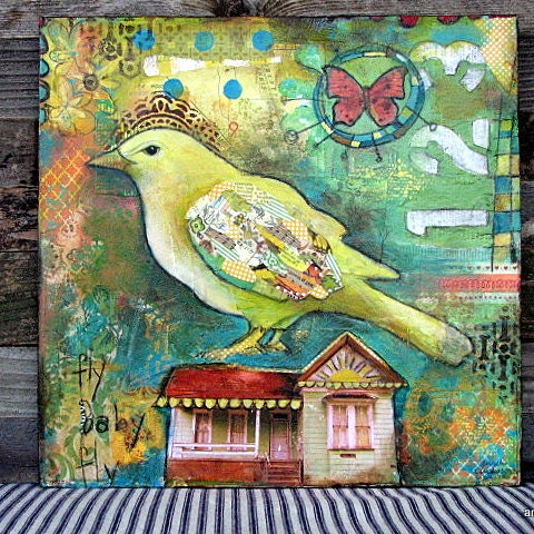 Bird house folk art whimsical painting Farmhouse by angelandgrace