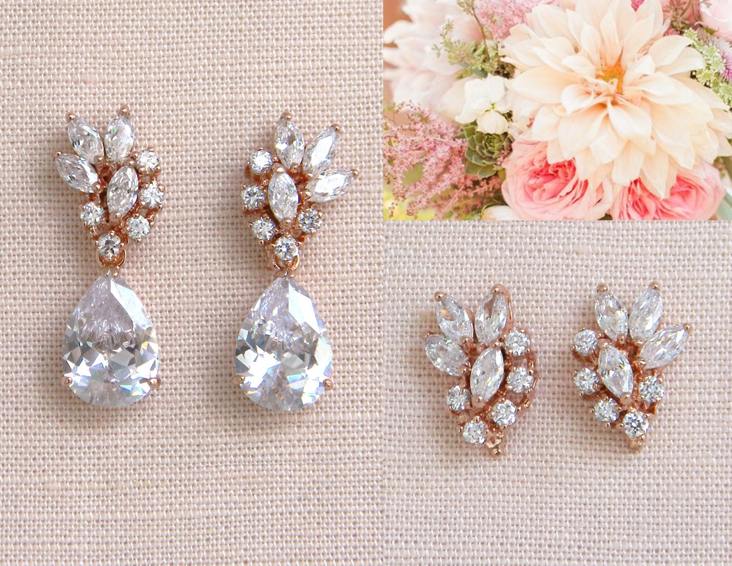 Rose Gold Bridal earrings, Crystal Wedding jewelry Swarovski Pearls Wedding earrings, 2 pairs in 1, Bridal jewelry, Tegan Drop Earrings