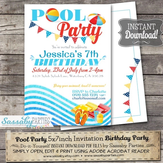 Pool Party Invitation - INSTANT DOWNLOAD - Editable & Printable Birthday Party, Summer, Swimming, Beach, Invite by Sassaby Parties Il_570xn