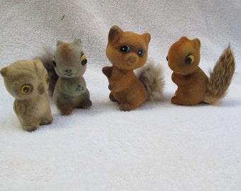 Vintage flocked animals (choice) / flocked squirrel with real fur tail / flocked owl
