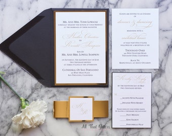Black and Gold Wedding Invitations set, Foil Wedding Invitations, Calligraphy wedding invitations, Wedding Invitations with foil, Heather