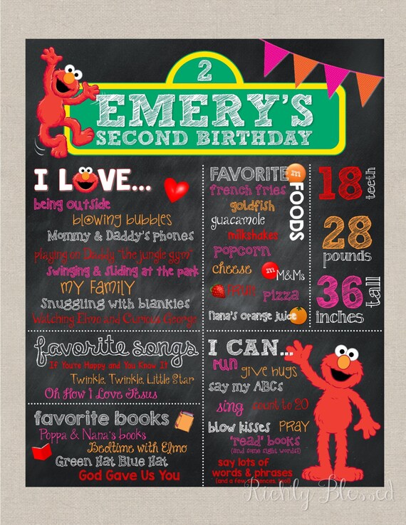 Elmo Birthday Chalkboard Poster First Birthday Second