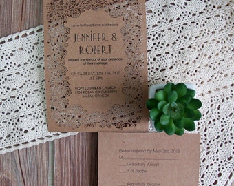 Wedding invitations on brown paper bag