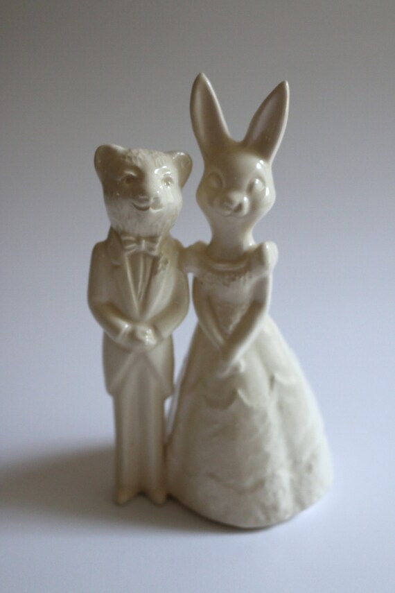 Bear and Bunny  Ceramic Wedding  Cake  Topper  by MelaboWed on 