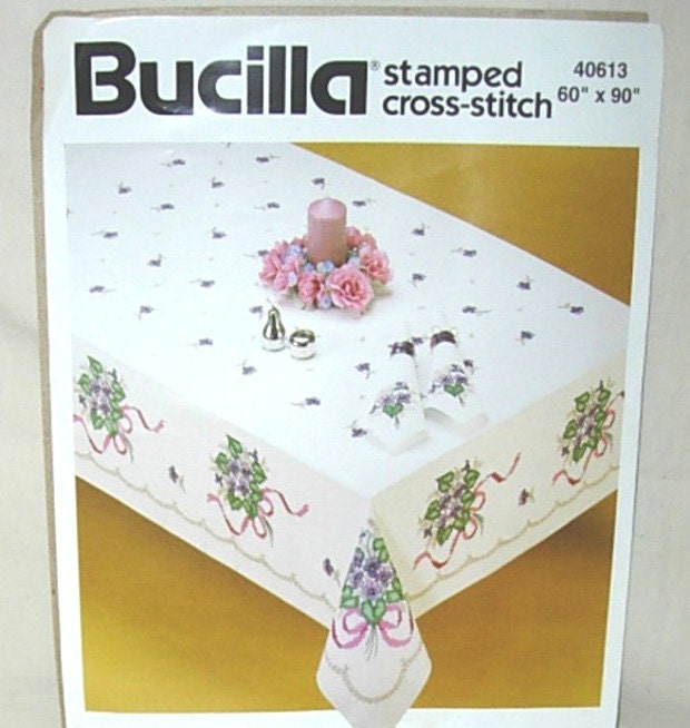 1992 Bucilla 60"x 90" Violets Floral Tablecloth Stamped Cross Stitch