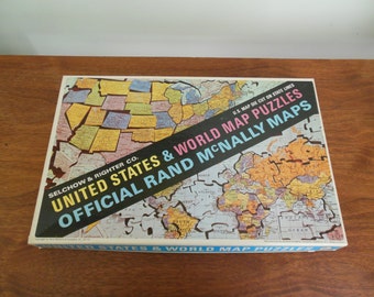 Map Of The World Joseph K. Straus No. 344 United States and World Map Puzzles Rand McNally Die Cut on State Lines 2 Sided Cardboard Jigsaw Puzzle