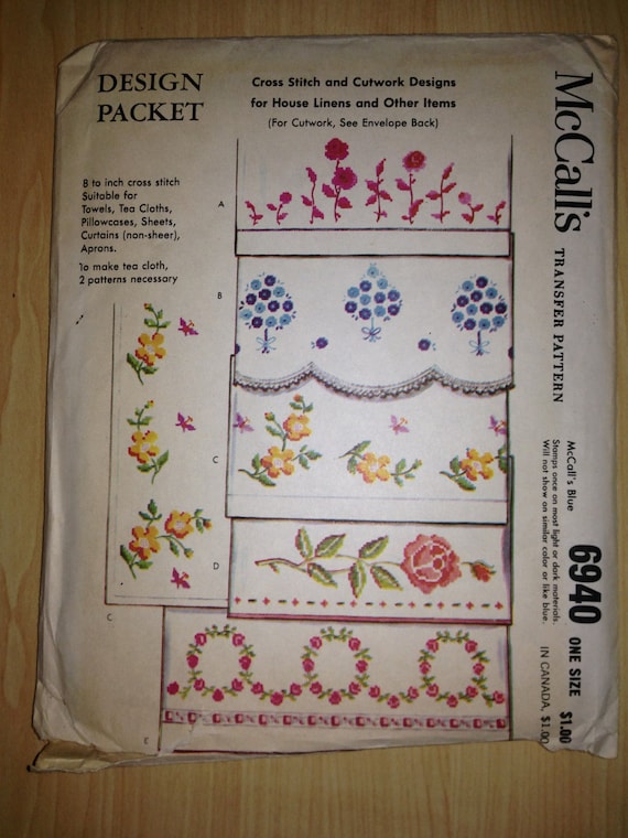 McCalls Sewing Pattern 6940 60s Transfer Pattern Cross Stitch and Cutwork Designs
