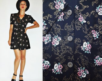 1980s Black Floral Print Mini Dress