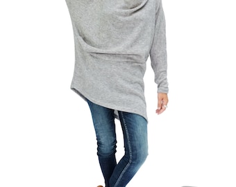 NO.182 Heather Grey Knitted Batwing Sleeves Sweater, Cowl Neck Tunic, Women’s Sweater