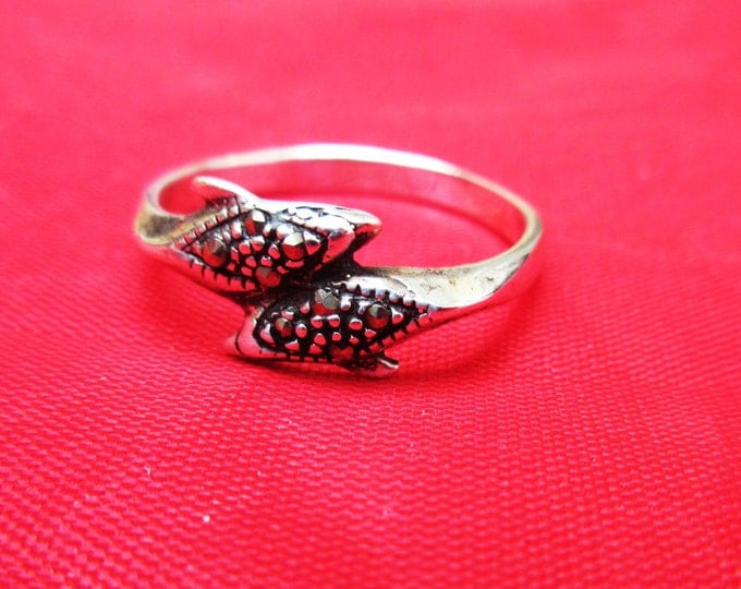 Sterling Dolphin Ring with studs and marcasites size 8 1/2