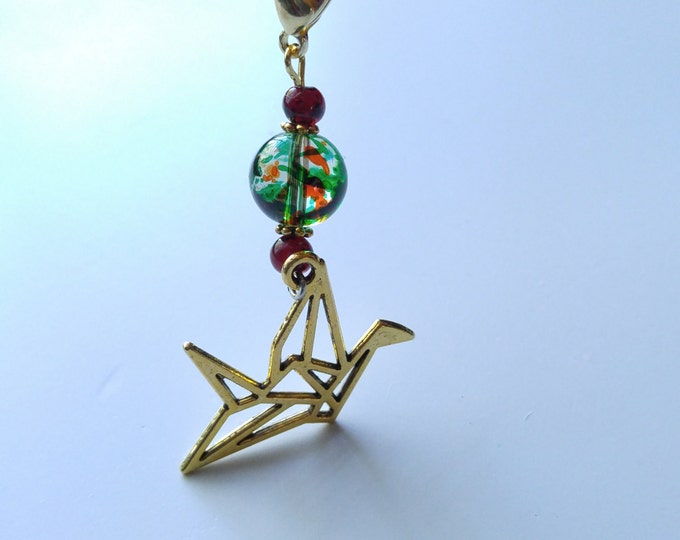 Paper Crane Keychain Charms, Gold origami charm, Hope and Healing, Wish, glass bead, garnet bead, gold lobster clasp, friendship gift #86