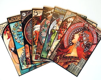 8 pcs. MUCHA STICKERS - Large Alphonse Mucha Stickers with 1920s Art Nouveau Paintings, Ready to Use Printed Stickers, Mucha Sticker Pack