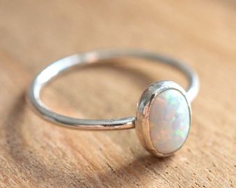 Sterling Silver Opal Ring // Simulated Opal Stacking Ring // October Birthstone Ring // Opal Cocktail Ring // Silver Opal Stacking Ring