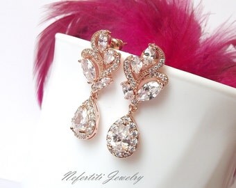 rose gold wedding earrings rose gold bridal earrings crystal drop wedding earings rose gold bridesmaid earrings cubic zirconia earrings