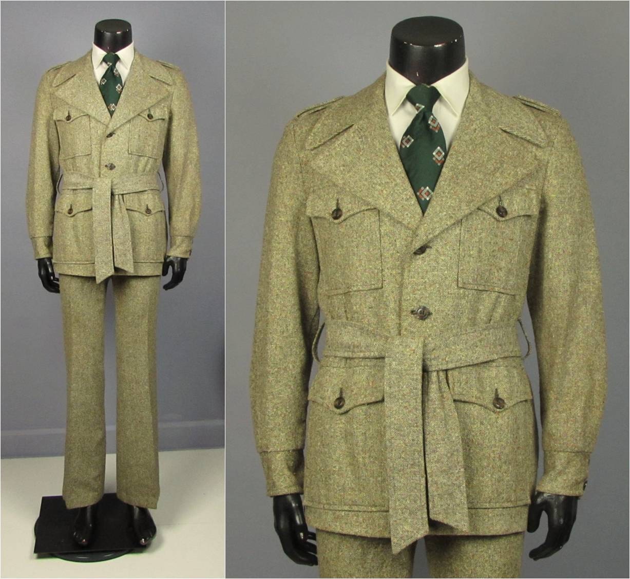 Vintage Suit 1970's Men's Tweedy Wool Safari Style