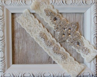 Garter Set, Wedding Garter Set, Bridal Garter Set, Vintage Wedding, Lace Garter, Crystal Garter Set - Style 001 A