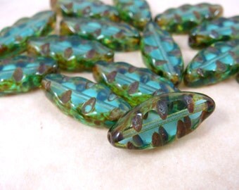Spindle Beads, Czech Glass Beads - Aqua Blue (SPI/N-0865a) - 17x8mm - Qty 8