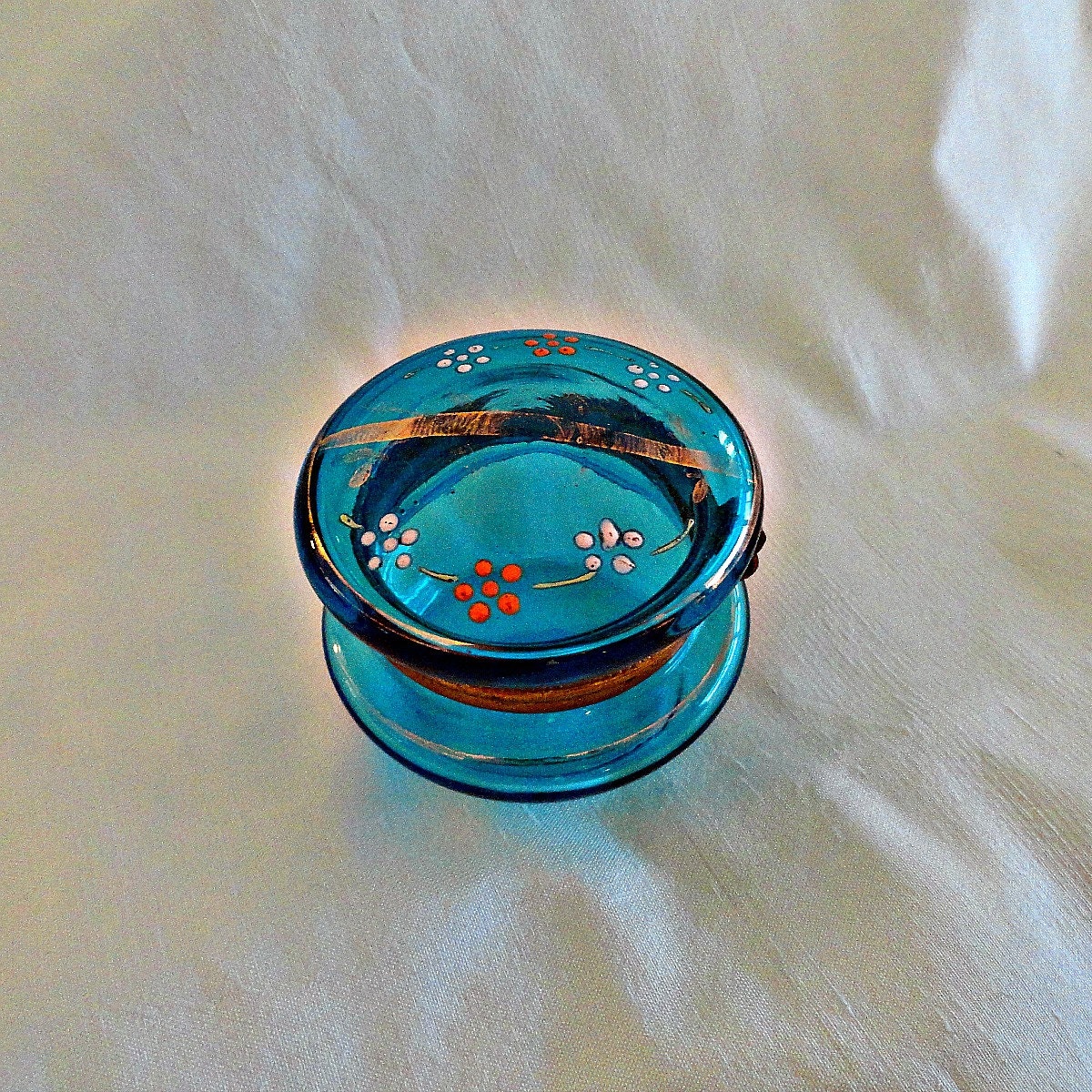 Antique Glass Vanity Dresser Jar Enamel Lid Bohemian Jar