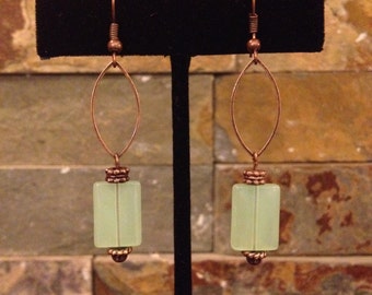 Antiqued Copper and Mint Green Light Green Long Dangle Earrings
