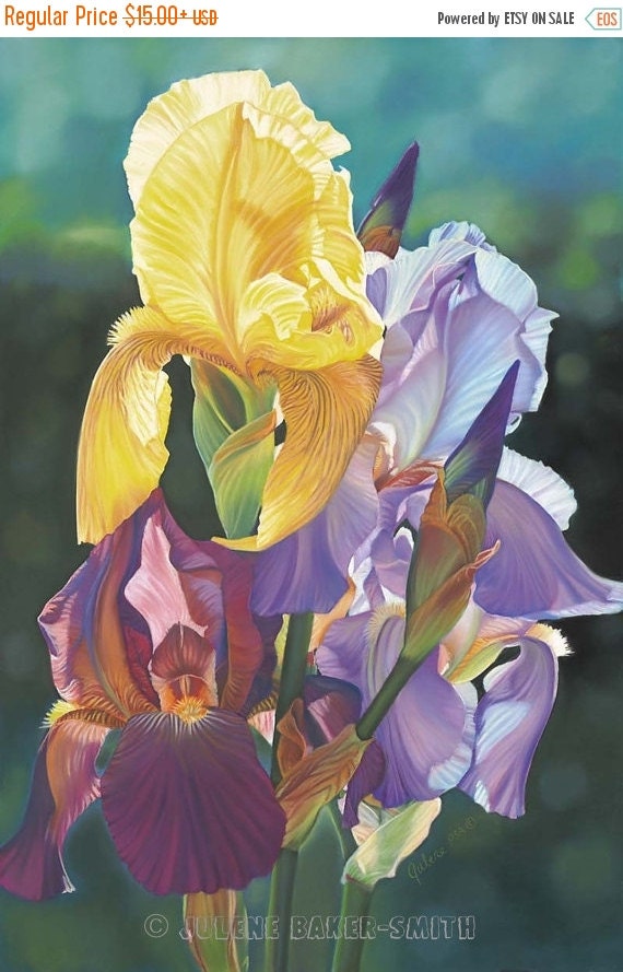 ON SALE Iris Flower Art Spring Iris Bouquet Yellow by ArtByJulene