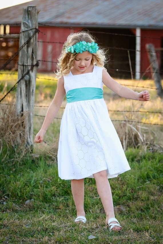 Items similar to Eyelet Lace Dress with Aqua Blue Sash, Flower Girl