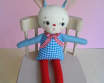 Vintage-inspired stuffed Bunny Plush - Handmade cloth doll Rabbit Plushie baby toy toddler toy