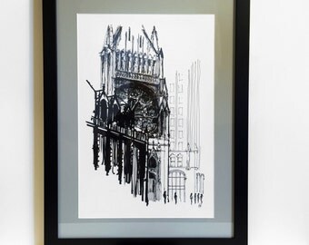 16"x22" Custom Framed, Chicago Art Print, Architectural Drawing, Pen and Ink, Quigley Center, Giclee Print of Original Drawing-Ready to Hang