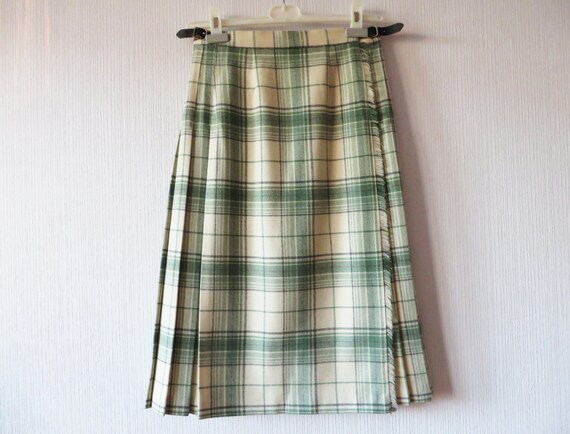 Tartan Plaid Skirt Ivory Green Wool Skirt Light Green Scottish