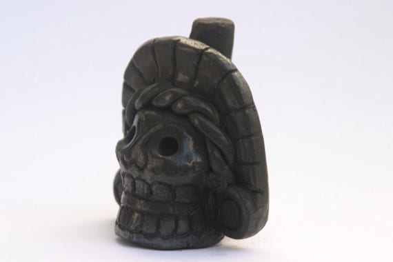 Aztec Death Whistle Day Of The Dead Black Clay Skull Screaming