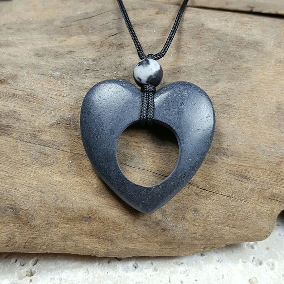 Heart Necklace large black stone pendant carved heart pendant