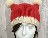 Knitted Adult Santa Hat, Santa Hat Adult, Adult Christmas Hat, Hand Knit Adult Hats, Chunky Pom Pom Hat, Hat With Ears, Ready to Ship