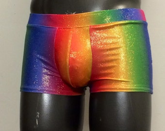 Holographic Sparkle rainbow superhero Pride Sexy Booty Shorts with Pouch // Swim Brief Trunks