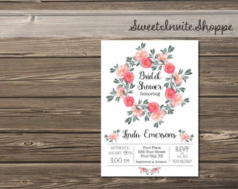 Peony Bridal Shower Invitation, Floral Wedding Shower Invitation, Watercolor Pink Floral Bridal Shower Invite, Baby Shower, Wedding Invite
