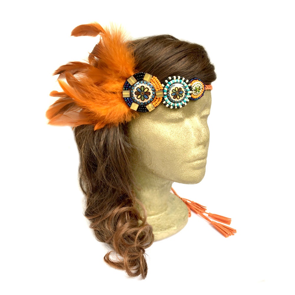 Orange Native American Headdress Feather Fascinator Headband