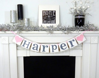 Custom Name Banner / Baby Shower Decoration / Kids Room Decor / Child's Name / Personalized Name Wall Art / Nursery Sign /Pink, Grey/Gray