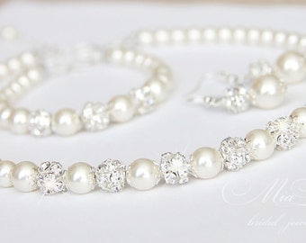 Wedding Jewelry Set, Swarovski Pearl Bridal Jewelry Set, Pearl Necklace Earrings Bracelet Set, art. e01-b01-n10