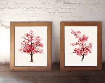 Cherry blossom painting, Pink art print, Set of 2 watercolor paintings, Home decor housewares