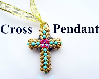 Tutorial Superduo Cross Pendant. Super Duo Rosary. Beaded Cross. Instant Pattern Download. Original design by Butterfly Bead Kits