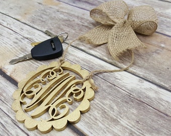 Car Charm - Car Monogram - Rear View Mirror Monogram - 4.5" Painted Monogram with Burlap Bow