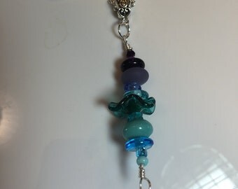Aqua Blue to Purple Lampwork with Aqua Ruffle Beaded Roach Clip on Silver Bail bead and chain,