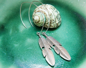 Navajo Silver Tribal Feather Earrings. Native American Indian Feather Large hoop earrings. Unique Boho Chic Warriors by Molax Chopa Tribe