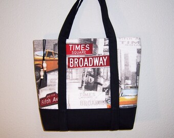 New York Motif Tote. Black Print Tote, Zipper Tote, Scenic City Bag